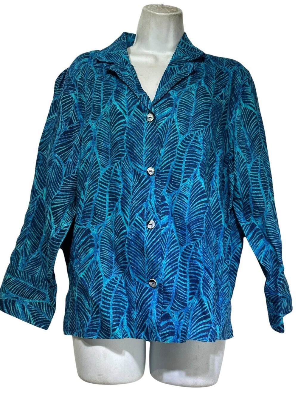 Birch Hill Blue Tropical Leaf Linen Jacket Womens Large Coastal Grandma